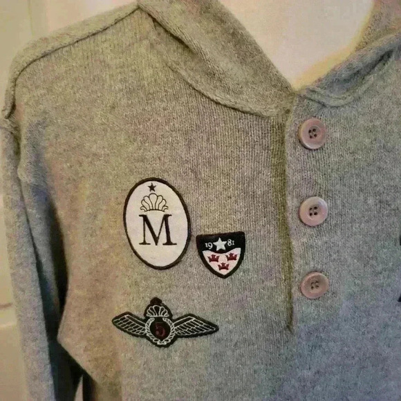 Vintage Guess Hoodie Sweater Gray Patchwork Crest Logo Pullover Henley Hooded L - Picture 3 of 10